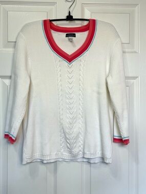 Izod V-neck Tennis Sweater Womens Large White Pink Blue Cable Knit Detail Prep
